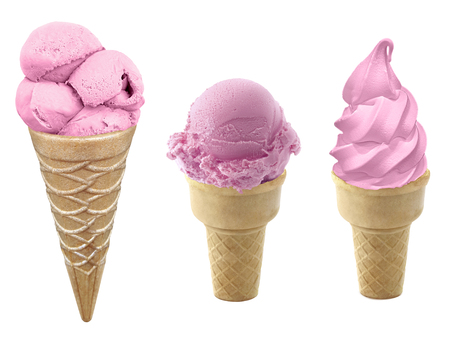 strawberry Ice cream in the cone on white backgroundの写真素材