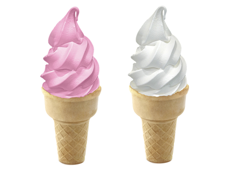 strawberry, vanilla Ice cream in the cone on white backgroundの写真素材