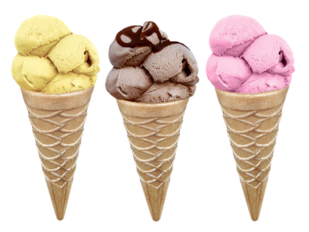 Set of ice cream in waffle cone isolated on white backgroundの写真素材