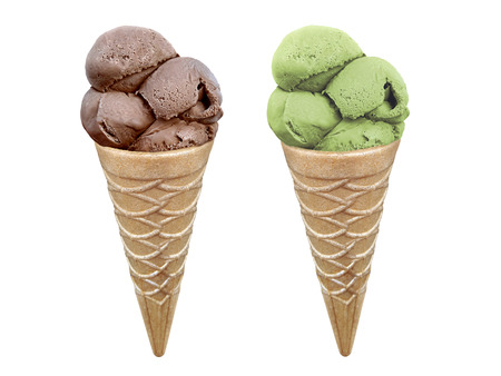 Set of ice cream in waffle cone isolated on white backgroundの写真素材