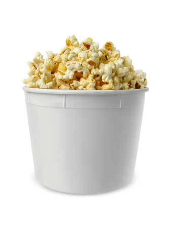 popcorn Full bucket of. Isolated on White backgroundの写真素材