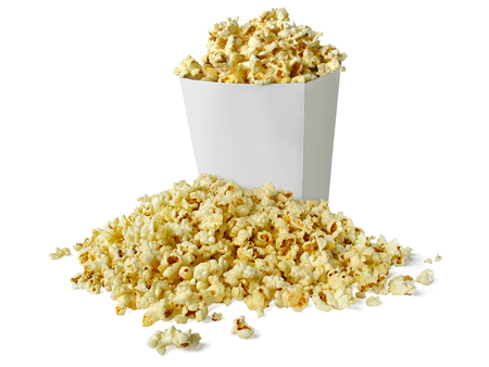 Popcorn isolated in cardboard box. on a white backgroundの写真素材