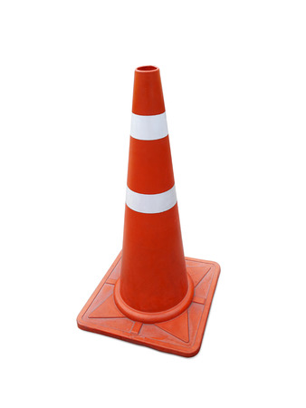 Traffic cone on the sidewalk isolated on white backgroundの写真素材