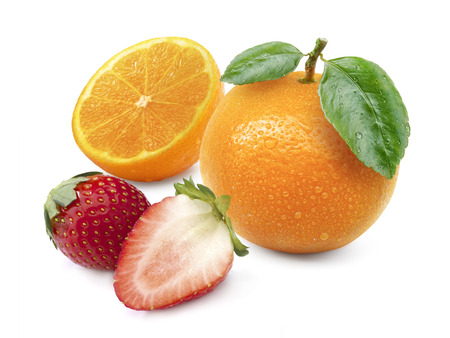 Orange fruit and Strawberry isolated on white backgroundの写真素材