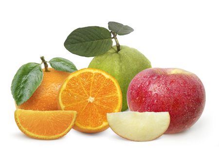 oranges, apples, guava, on a isolated on white backgroundの写真素材