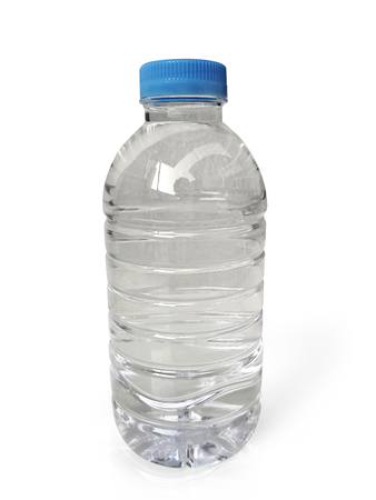 Small plastic water bottle with water drops. isolated on a white backgroundの写真素材
