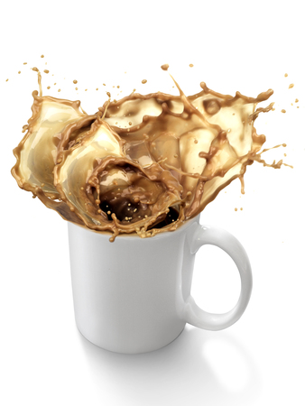 Coffee splash from a cup isolated on white backgroundの写真素材