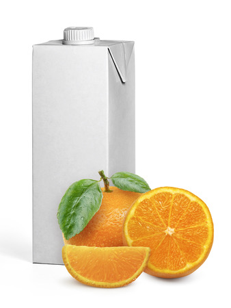 Orange and Box empty white fruit juice  isolated on white backgroundの写真素材