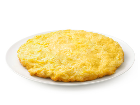 Thai omelette on white plate on white backgroundの写真素材