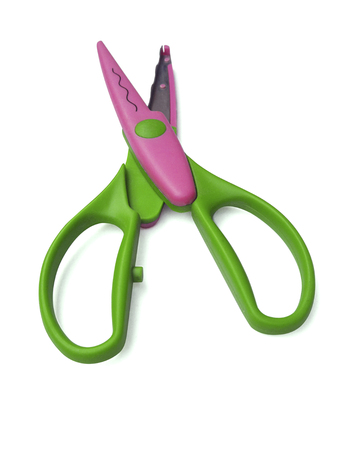 plastic open scissors isolated on white backgroundの写真素材