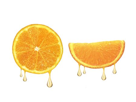 drops of juice falling from orange half isolated on white backgroundの写真素材