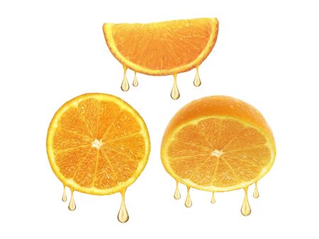 drops of juice falling from orange half isolated on white backgroundの写真素材