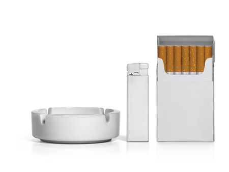 Cigarette pack, ashtray, and lighters isolated on white backgroundの写真素材