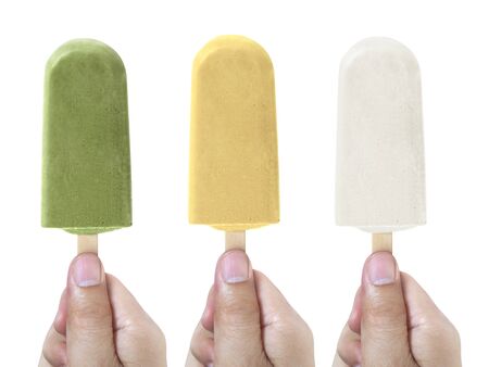 Hands holding ice cream isolated on white backgroundの写真素材