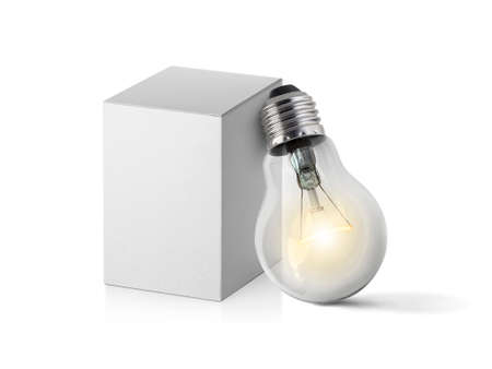 light bulb and box isolated on white backgroundの写真素材