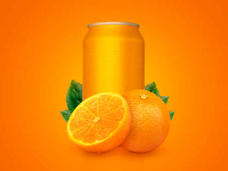 Orange aluminum can with fruits,  isolated on orange backgroundの写真素材