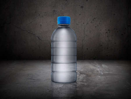 Small water bottle on Cement floor and concrete old Wall Background
