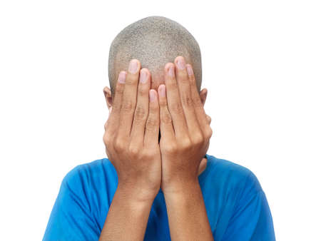 Bald man face closed hands on white background