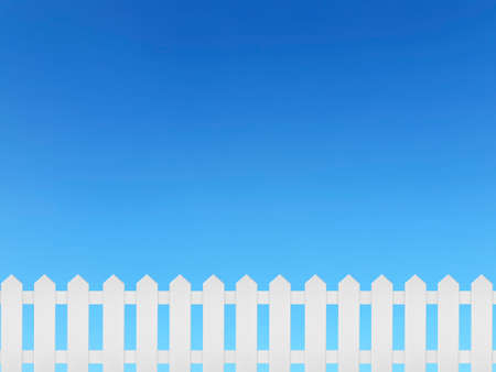 White wooden fence and Green bush on a clear blue sky background. Green leaves wall with parallel plank in nature summer backgroundの写真素材