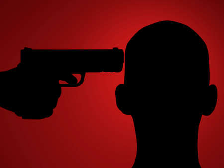 Silhouette of a man with gun pointing to Young man with a shaved head on a red backgroundの写真素材