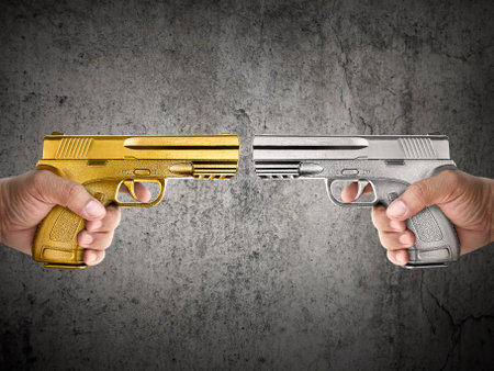 Killer with gun close up over grunge background with copyspaceの写真素材