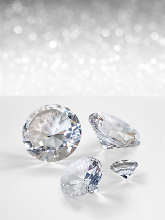 Dazzling diamond on white shining bokeh background. concept for chossing best diamond gem designの写真素材