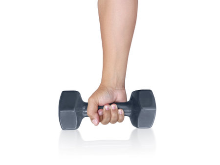 Hand holding dumbell on isolated white background.