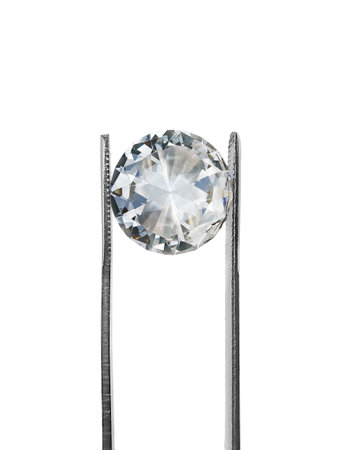 Diamond on square white background held in diamond tweezersの写真素材