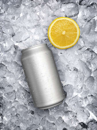 Can of cold beverage, ice cubea and pieces of juicy lime.Summer refreshing drinkの写真素材