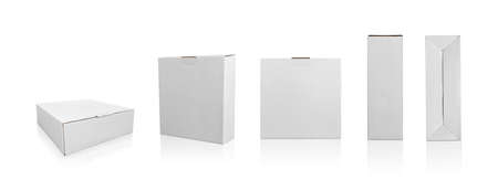 Set of White box tall shape product packaging in side view and front view isolated on white...