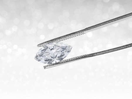 Diamond in tweezers on white shining bokeh background. concept for chossing best diamond gem design
