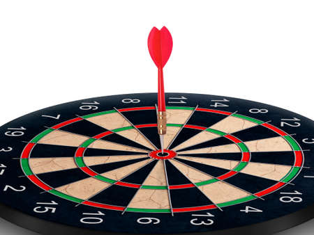 Close up shot red dart arrow on center of dartboard, metaphor to target success, winner concept, Isolated on white background with clipping pathの写真素材