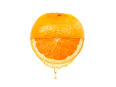 Fresh orange juice dripping isolated on white background. Flat lay. Food conceptの写真素材