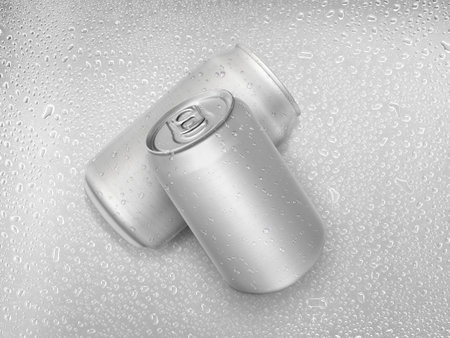 Aluminum cans on water droplets backgroundの写真素材