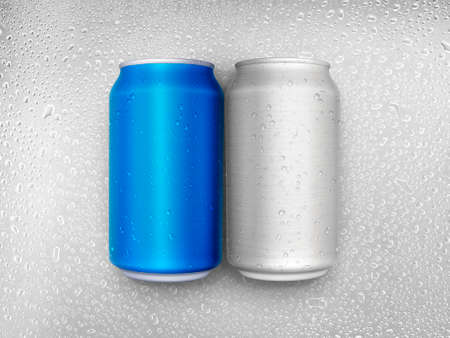 Aluminum cans on water droplets background