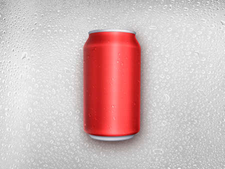 Aluminum red cans on water droplets background
