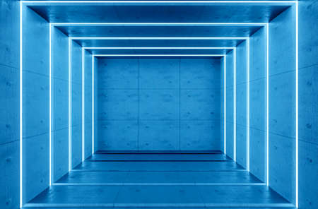 3D render, Abstract blue room interior with White neon lamps. Futuristic architecture background. Box with concrete wall. Mock-up for your design projectの写真素材