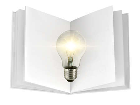concept creativity with bulbs that shine glitter on over open book