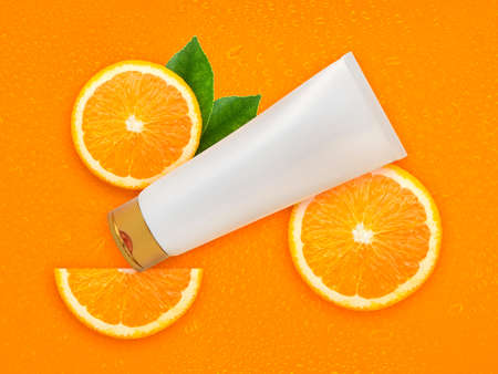 Natural vitamin c skincare products fresh juicy orange fruit slice and green leaf on orange...