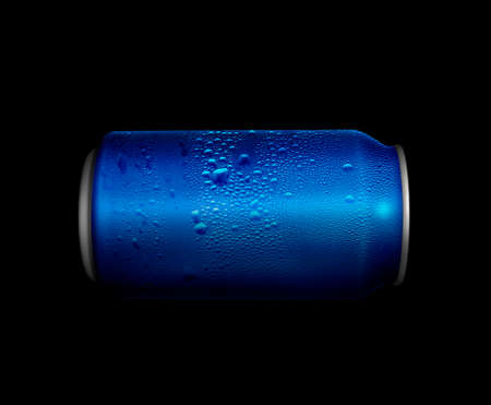 Concept of thirst and quenching thirst. Blue metal can with cola or beer. Drops of condensation on the surfaceの写真素材
