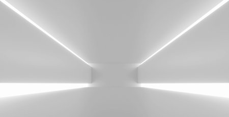 Empty room, white floor with wall for exposure.Modern futuristic technology design. 3d renderの写真素材