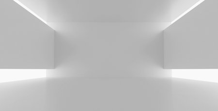 Empty room, white floor with wall for exposure.Modern futuristic technology design. 3d renderの写真素材