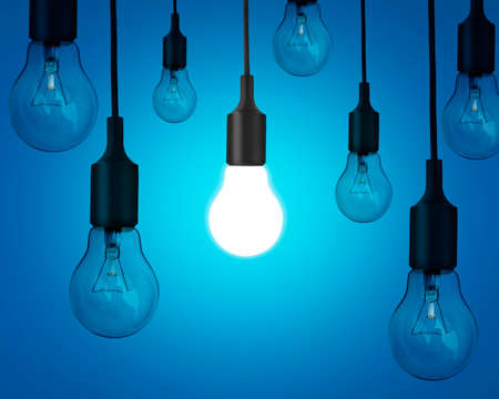 Idea idea with light bulbs on blue backgroundの写真素材