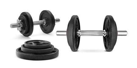 black dumbbells for sports on a white backgroundの写真素材