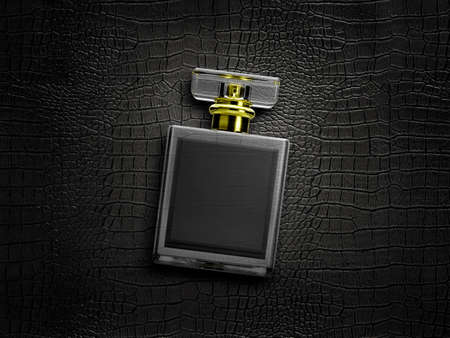 Perfume bottle on a black leather background