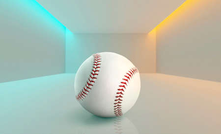 View of softball with white background blue and yellow neon lights are launched from the ceilingの写真素材