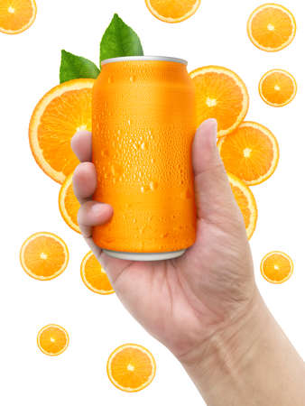 hand holding aluminum orange soda can with fruits white background