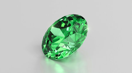 Green shiny brilliant diamond placed on gray background. 3D render