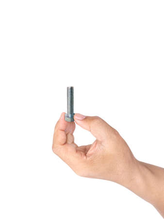 screw in a man's hand on a white backgroundの写真素材