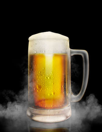 Beer glass with water drops on the white color smoke dark background. 3d renderの写真素材